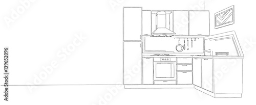 Modern corner kitchen contour sketch black pencil lines.