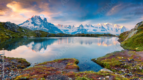 Colorful summer morning on the Lac Blanc lake with Mont Blanc (Monte Bianco) on background