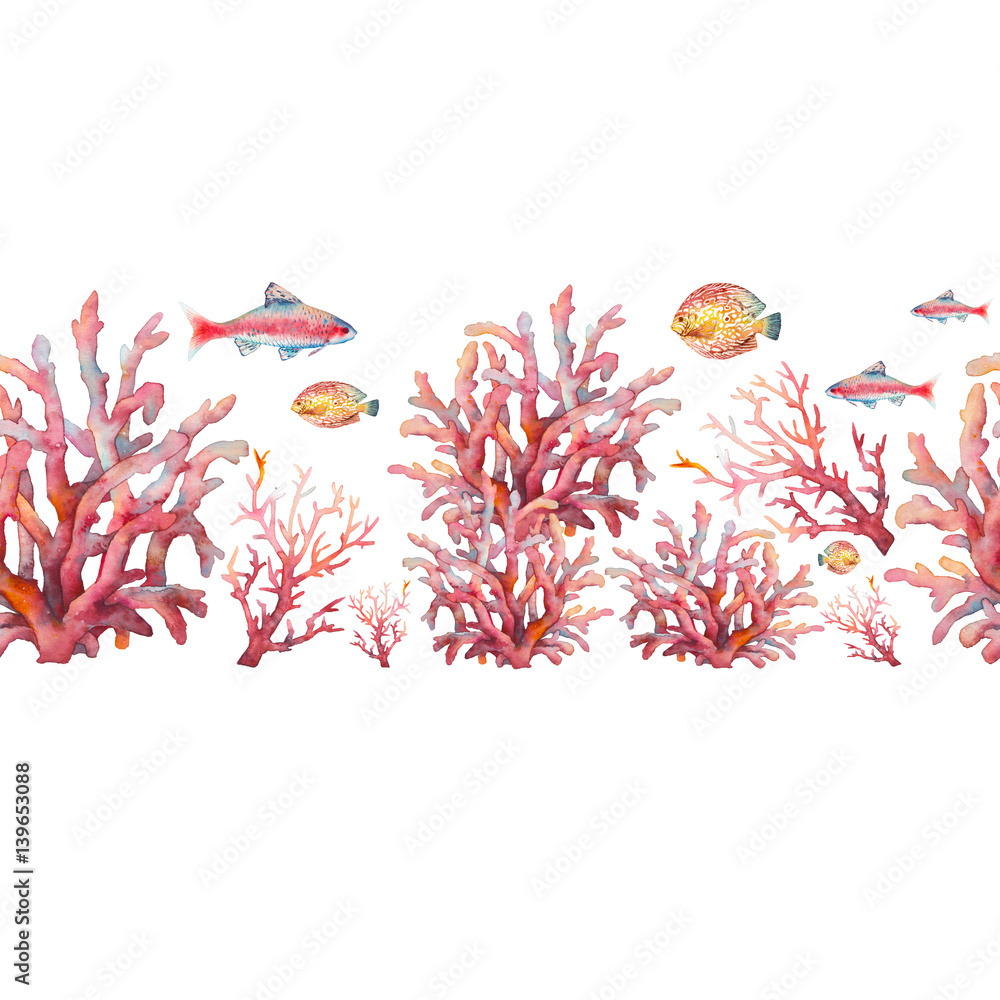 Fototapeta premium Watercolor nautical seamless pattern. Hand painted underwater repeating border with fishes and corals on white background. Sea ornament design
