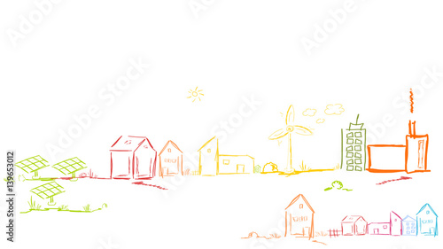 Stadt Landschaft Bunt Farbig Energie Windenergie Solar Zeichnung Skizze