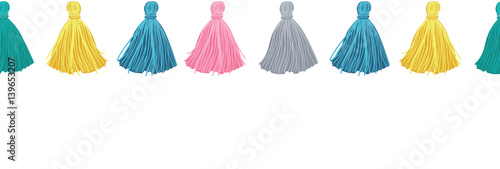 Vector Colorful Decorative Tassels Horizontal Seamless Repeat Border Pattern. Great for handmade cards, invitations, wallpaper, packaging, nursery designs.