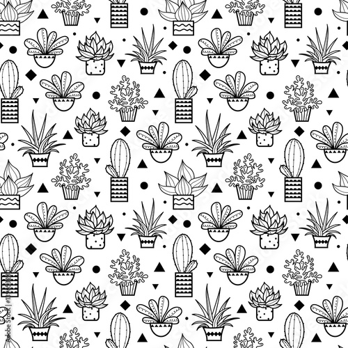 Vector Black Seamless Repeat Pattern With Growing Succulents and Cacti In Pot...