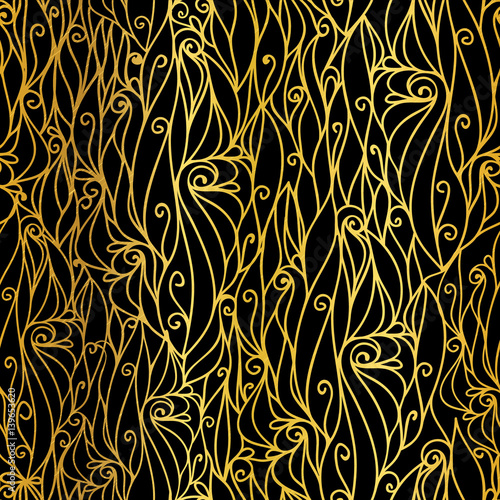Vector Golden Black Abstract Scrolls Swirls Seamless Pattern Background. Grea...