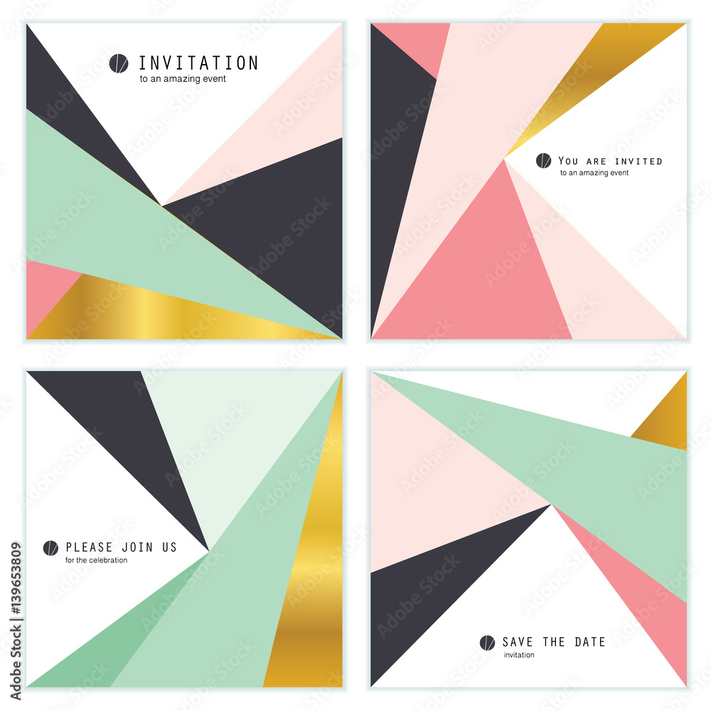 Set of 4 Creative Universal Invitation cards. Geometric Triangles Textures. Great for Wedding, Anniversary, Birthday, Party Invitations.
