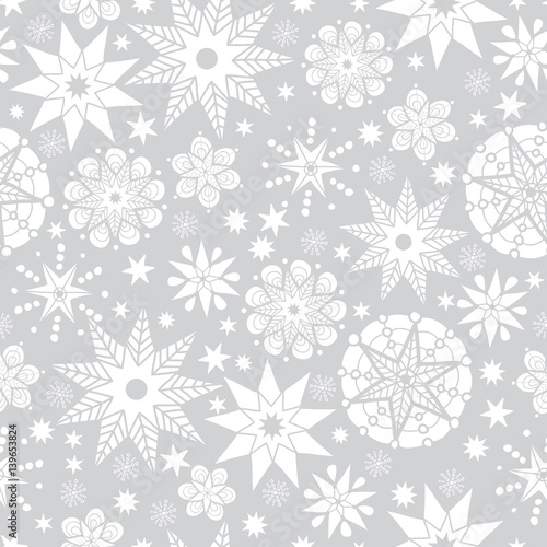 Vector Silver Grey and White Abstract Doodle Stars Seamless Pattern Backgroun...