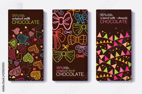 Vector Set Of Chocolate Bar Package Designs With Fun Party Decor Hearts, Bows, Flags Patterns. Milk, Dark, Almond. Editable Packaging Template Collection.