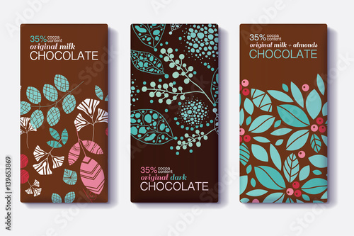 Vector Set Of Chocolate Bar Package Designs With Modern Plants and Leaves Patterns. Milk, Dark, Almond. Editable Packaging Template Collection.