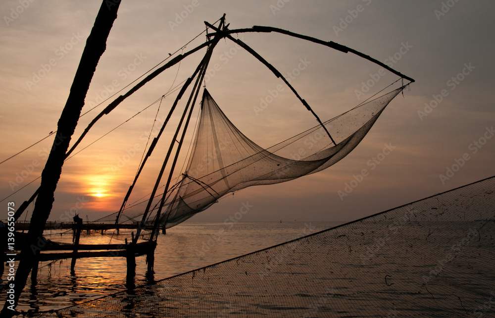 Chinese nets in Cochin city, India during evening time