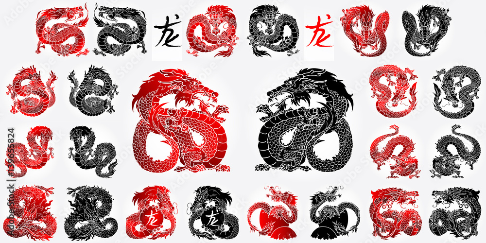 Fototapeta premium Ste 12 Asian dragon black and red