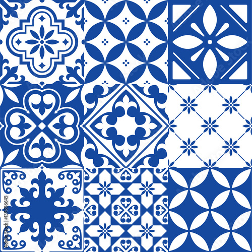 Spanish tiles, Moroccan tiles design, seamless navy blue pattern  