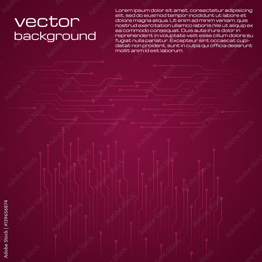 Abstract technological red background with elements of the microchip. Circuit board background texture. Vector illustration.

