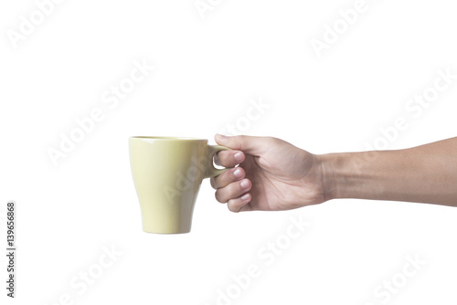 hand holding green coffee cup isolated on white background.