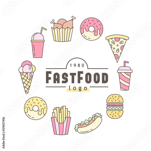 Linear Flat fast food badge, banner or logo emblem. Elements on the theme of the fast food business.