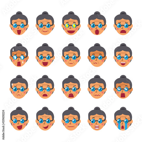 Set of a senior woman faces showing different emotions