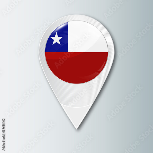 Pointer with the national flag of Chile in the ball with reflection. Tag to indicate the location. Realistic vector illustration.