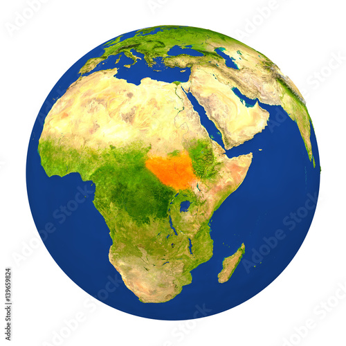 South Sudan highlighted on Earth