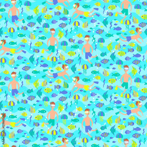 seamless pattern with diving people and fishes