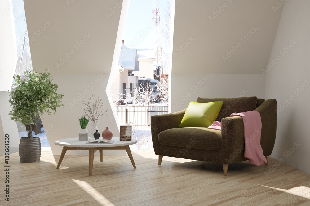 Fototapeta premium White room with armchair and winter landscape in window. Scandinavian interior design. 3D illustration