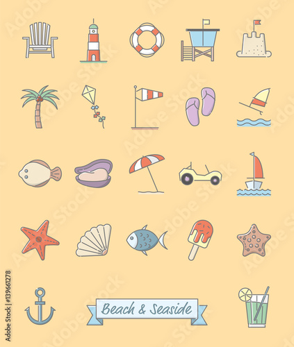 Beach and Seaside Pastel Color Icons Vector Set