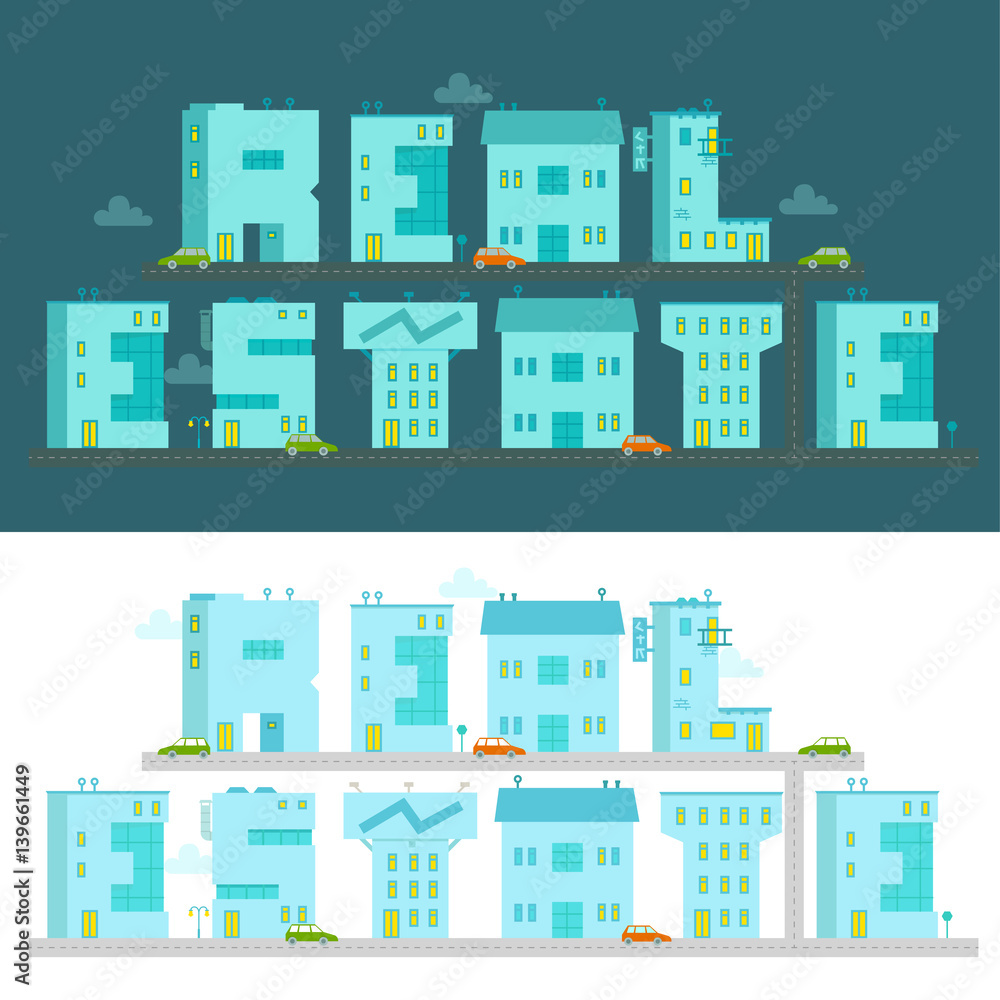 Real estate - the word illustration. Alphabet letters-buildings.