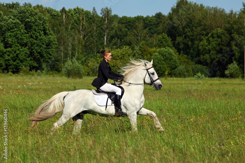 Woman jockey training riding horse. Sport activity © horsemen