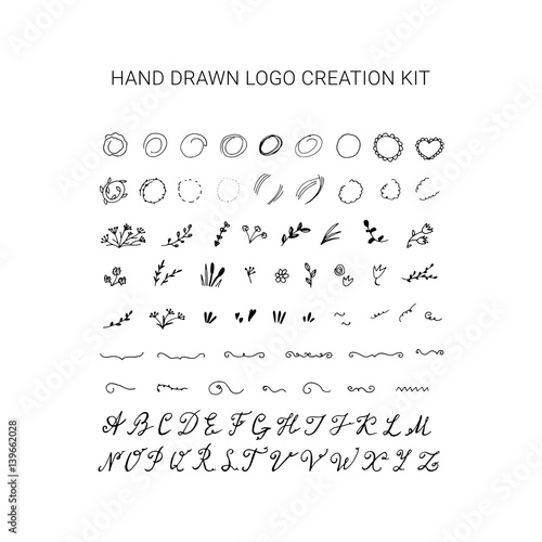 Hand drawn wedding logo creation kit. Floral frames, circles, alphabet.
