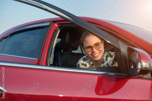 woman smile in car