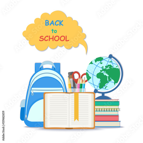 Back to school concept.  Open book with a bookmark and school supplies such as a backpack, textbooks, notebook, globe, stationery set. Flat Style Education Concept. Vector illustration.