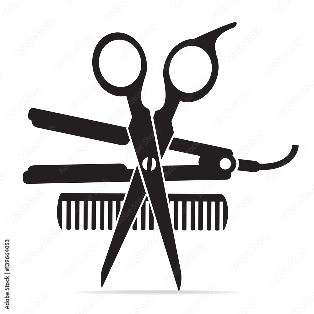 Hair salon with scissors, comb icon, curling iron icon Stock