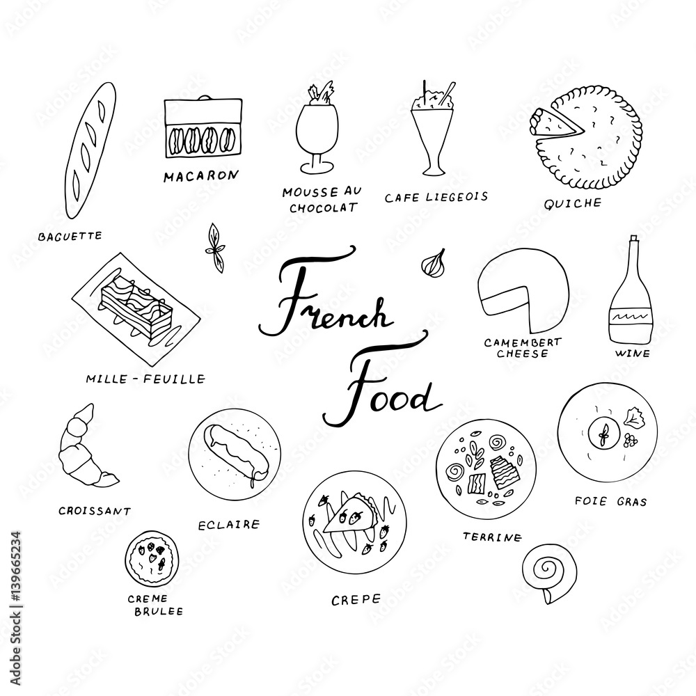 Hand Drawn Traditional French Cuisine Menu French Food With Baguette hand-drawn-traditional-french-cuisine-menu-french-food-with-baguette