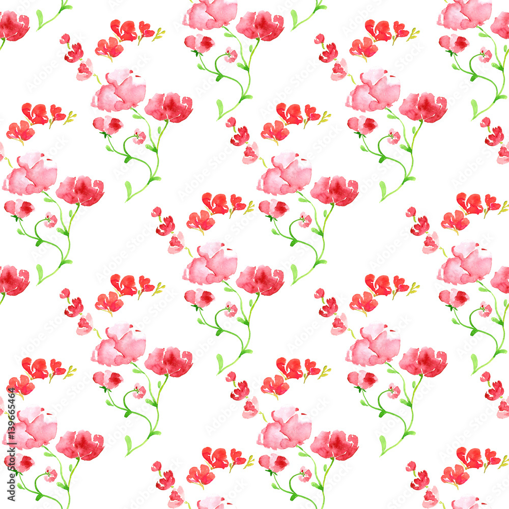 Sprigs of pink flowers, seamless pattern design, hand painted watercolor illustration in modern style (soft spots)