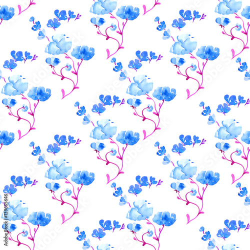 Fototapeta Naklejka Na Ścianę i Meble -  Sprigs of blue flowers, seamless pattern design,  hand painted watercolor illustration in modern style (soft spots)