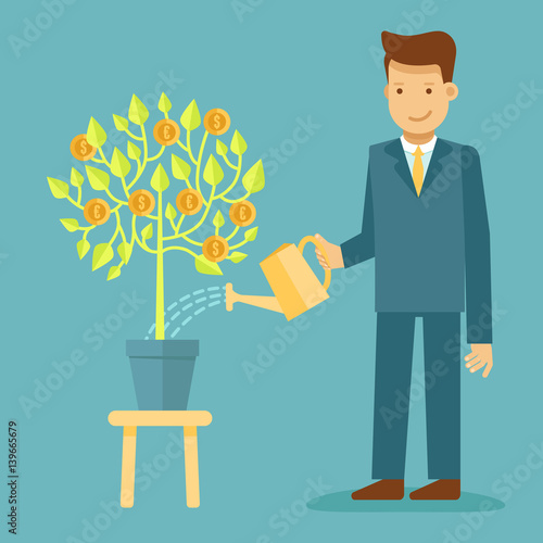Guy watering green tree with coins - business development and investment