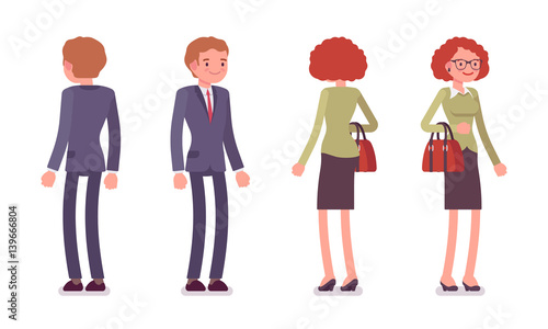 Set of male and female office workers standing, rear, front