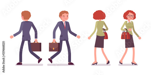 Set of male and female office workers walking, rear, front