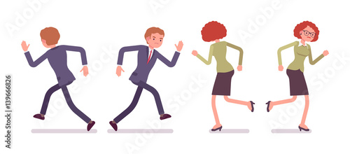 Set of male and female office workers running, rear, front