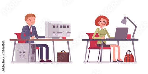 Set of male and female office workers sitting at computer