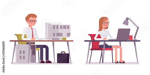 Set of happy male and female clerk sitting at computer