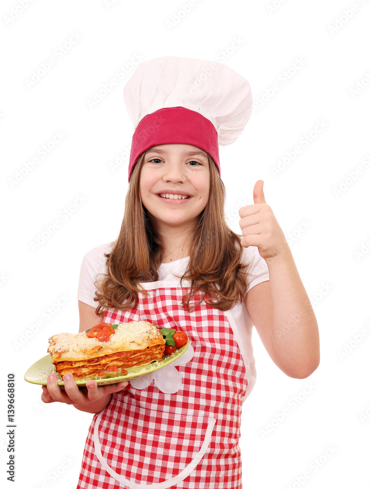 happy little girl cook with Italian lasagne and thumb up happy little girl cook with Italian lasagne and thumb up
