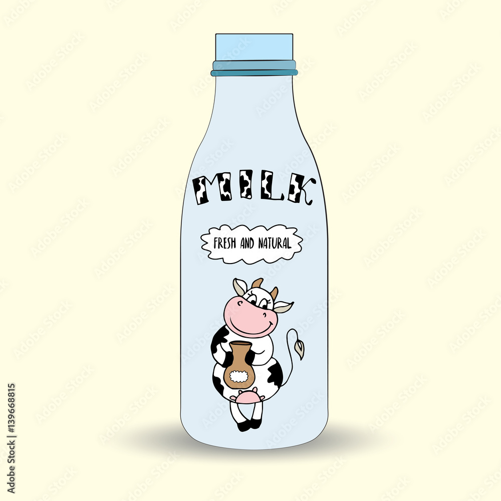 A bottle of milk and cow's label A bottle of milk and cow's label