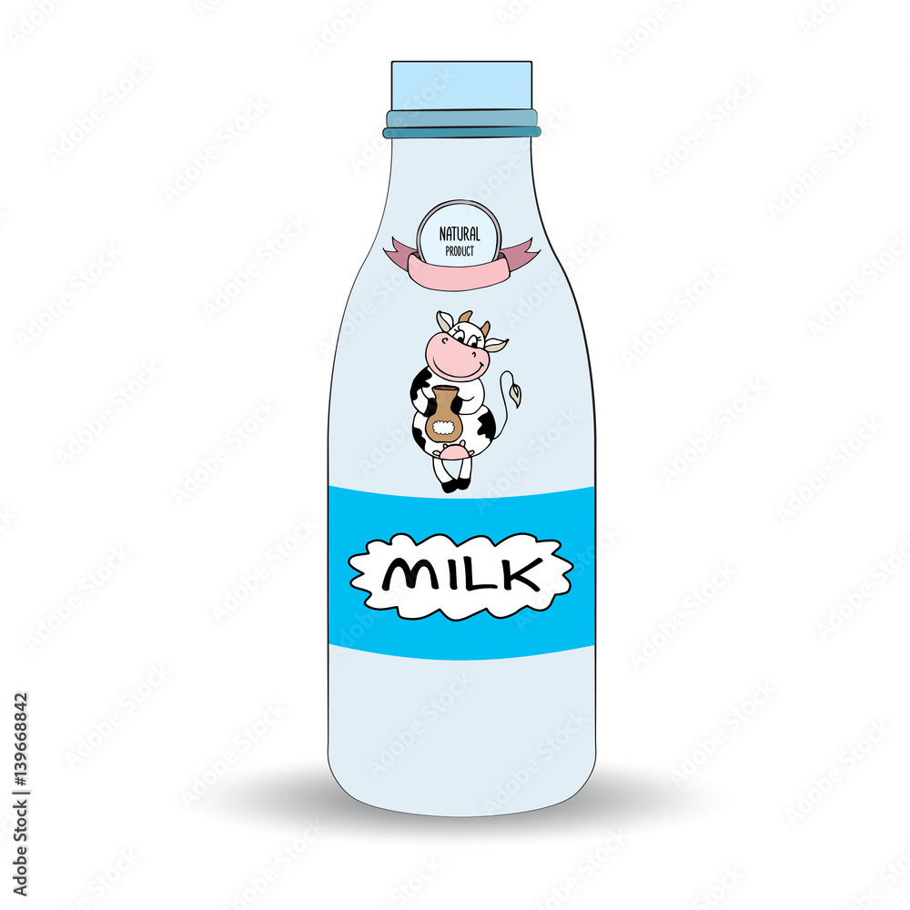 A bottle of milk and cow's label,isolated A bottle of milk and cow's label,isolated