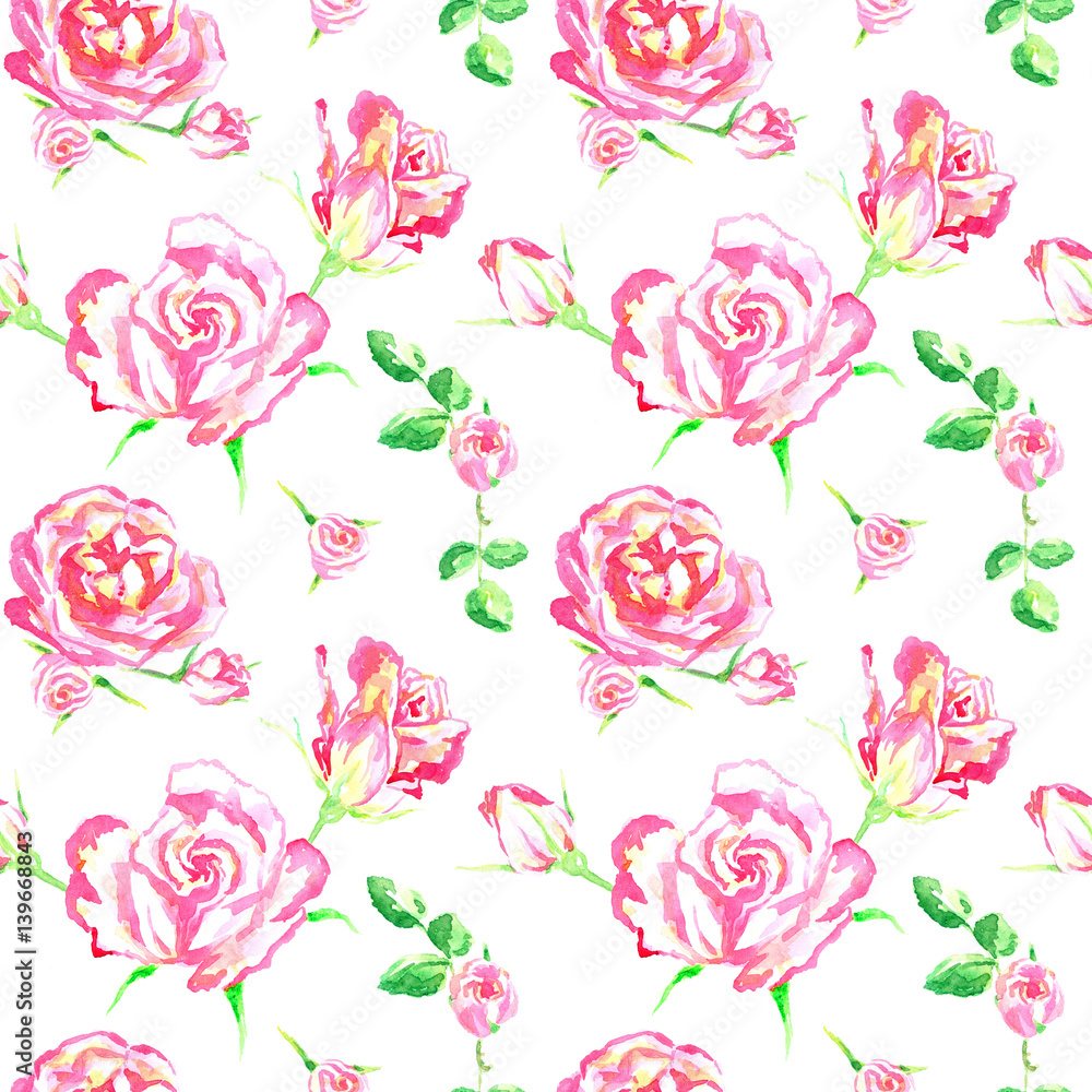  Flowers of pink roses, seamless pattern design, hand painted watercolor illustration in soft style