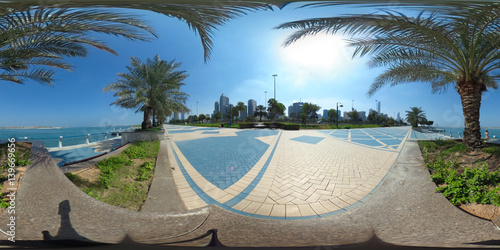 Photography 360 degrees spherical panorama of the abu dhabi (UAE) corniche with view of the