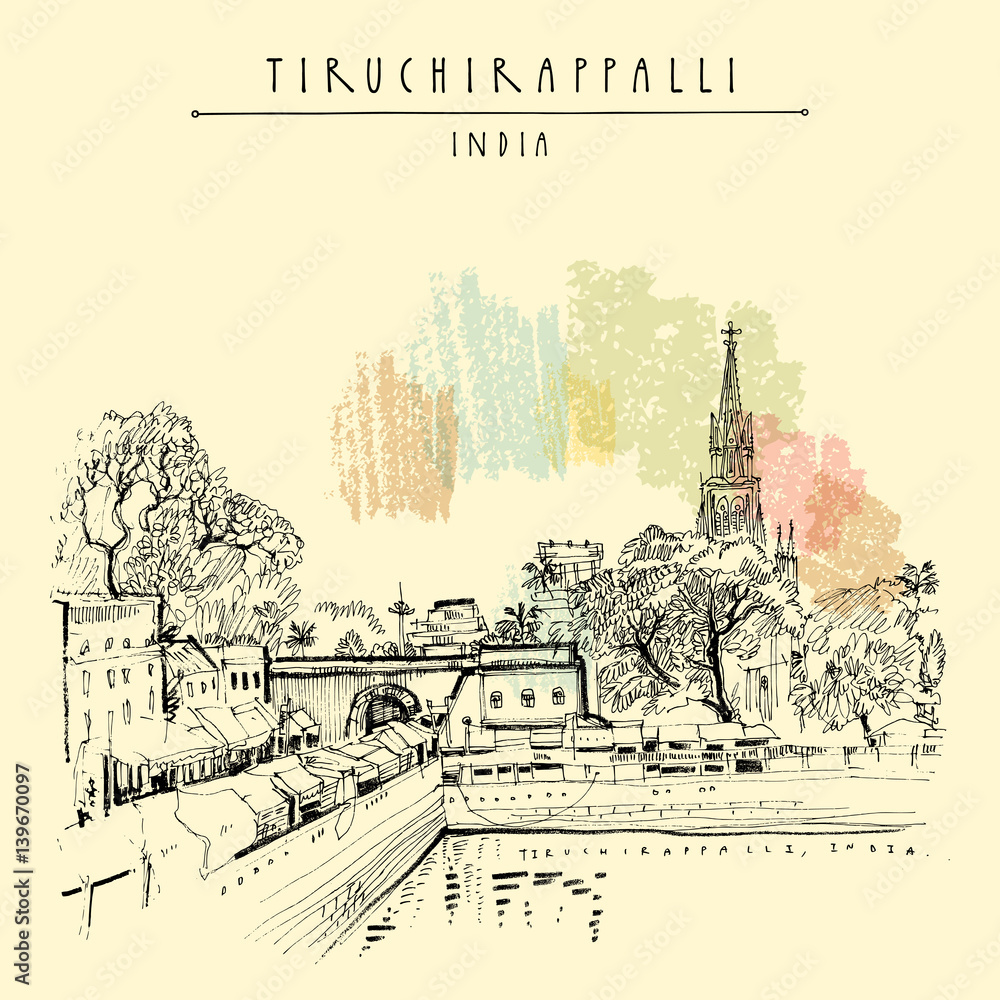 Tiruchirappalli (Trichy), Tamil Nadu state, India. Artistic drawing on paper. Travel sketch. Vintage hand drawn postcard