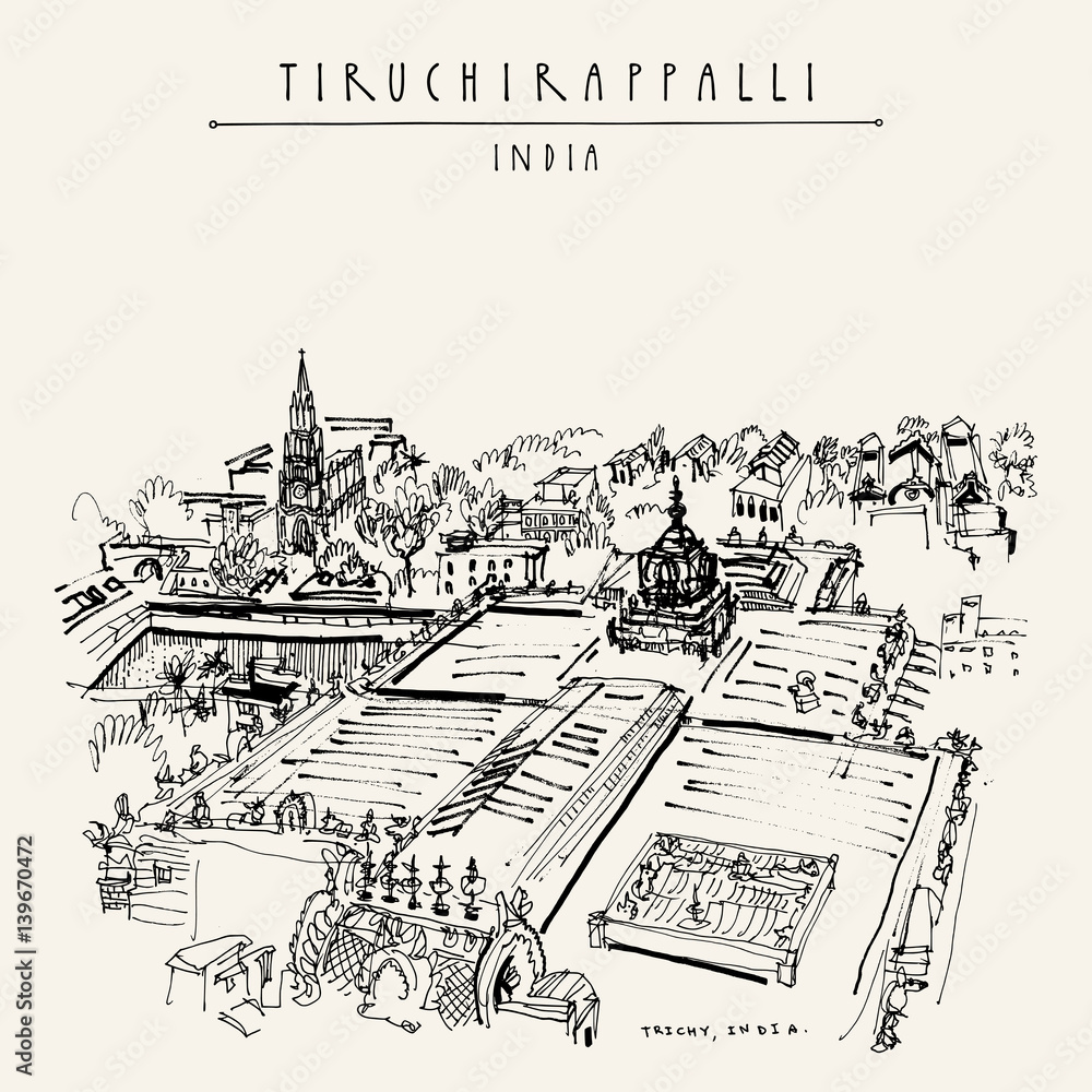 Tiruchirappalli (Trichy), Tamil Nadu state, India. Artistic drawing on paper. Travel sketch. Vintage hand drawn postcard