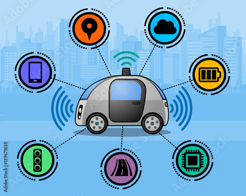 autonomous car and various function icons, connected car, smart vehicle, automotive technology, vector illustration