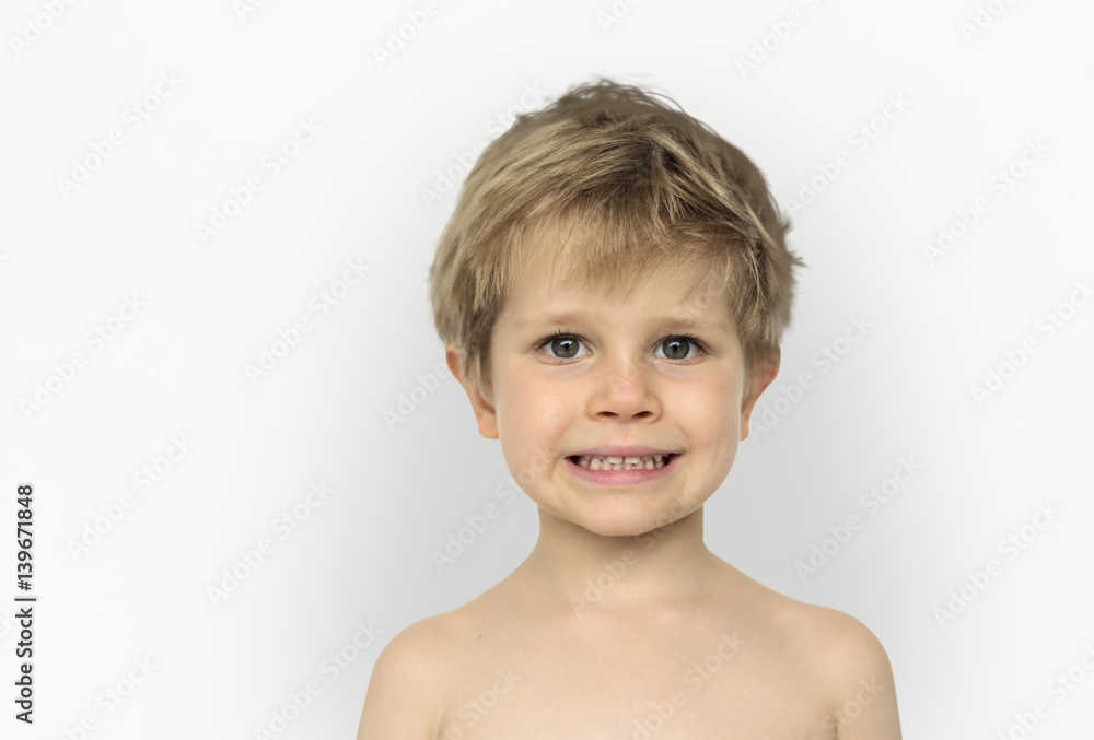Little Boy Bare Chest Smiling Happiness Studio Portrait Little Boy Bare Chest Smiling Happiness Studio Portrait