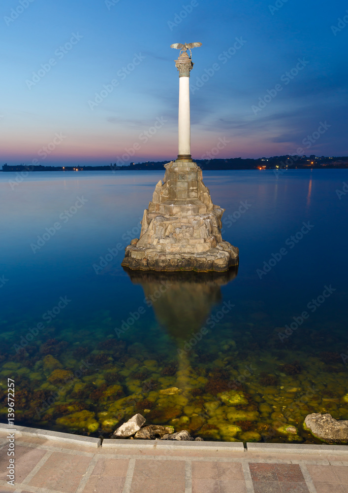 Monument to the scuttled ships in Sevastopol in the evening