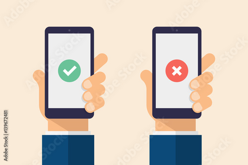 Check and cross mark on smartphone screen. Hand holding smart phone. Modern Flat design illustration.