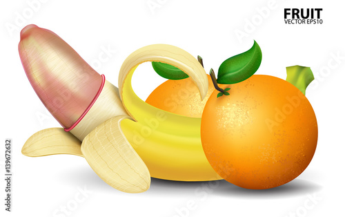 Ripe banana with condom isolated on white background.vector